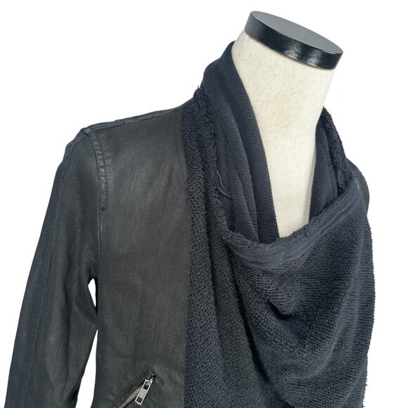 Free People Drape Front Moto Jacket Women’s 8 Black Denim Cotton Long Sleeve - Picture 2 of 11